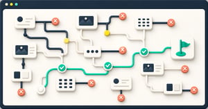 A website navigation map with one clear route through multiple dead ends to a successful destination